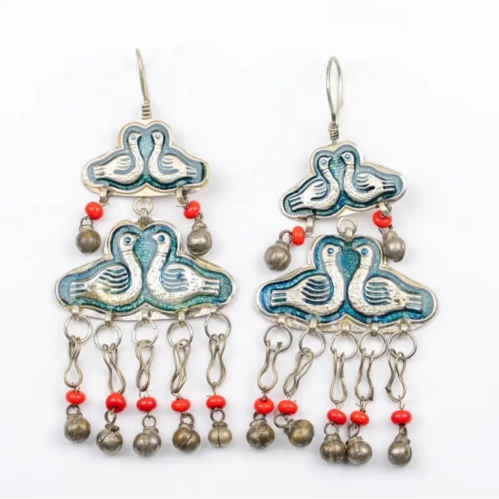 Handcrafted Blue Bird Dangle Earrings with Red Bead Accents aluminum